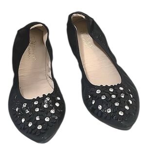 Pointy Toe Black Rhinestone Crystal Embellished Faux Leather Floral Ballet Flats